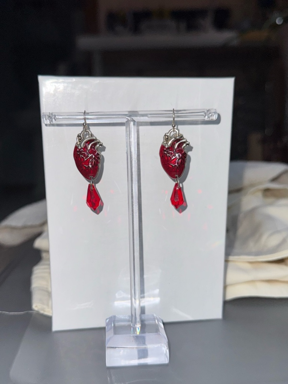 Red Sacred Heart Silver Drop Earrings - Women's Jewelry